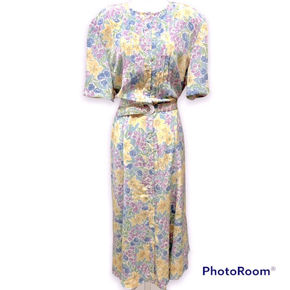 Liz Claiborne Dress Sz 14 Vintage Floral Belted Pastel Cottagecore